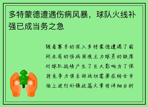 多特蒙德遭遇伤病风暴，球队火线补强已成当务之急